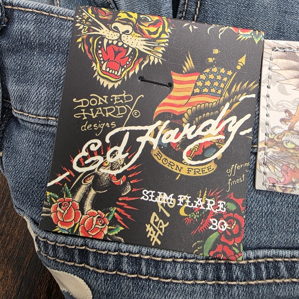 NWT Ed Hardy Slim Fit Flare Jeans "New York"‎ Dragon Embroidered Sz 30x32 Womens - Picture 6 of 10